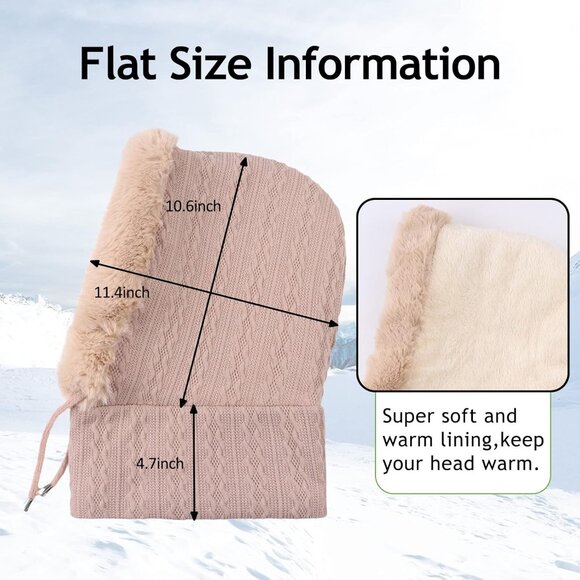 🆕 Women Cream Winter Balaclava Hat Ski Warm Thick Fluff Beanie Adult Neck Face - Picture 7 of 7